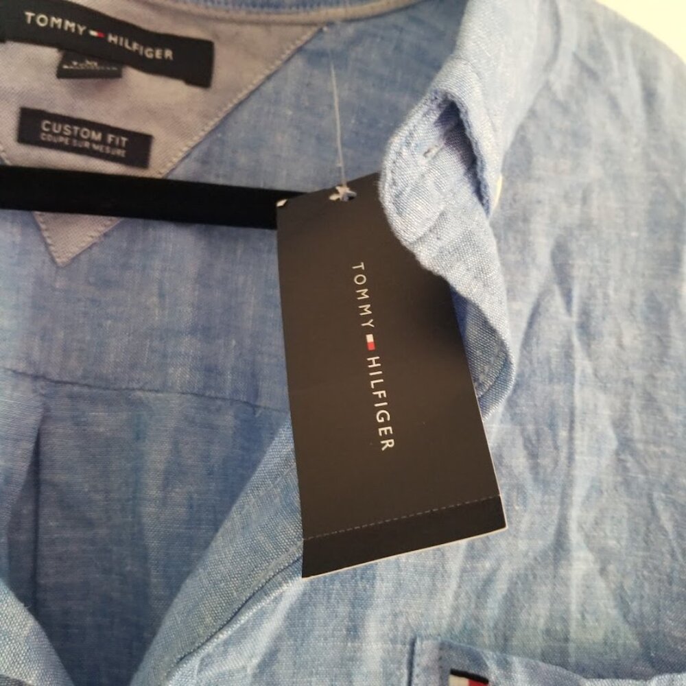 Tommy Hilfiger Men's Shirt X-Large Blue Linen Cotton Custom Fit Button Down Logo - Picture 4 of 4